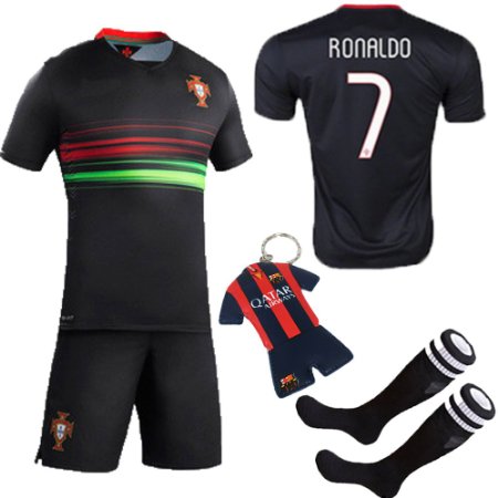 KID BOX 2015 7 Away Black Soccer Football Jersey Sportswear Team Polo Shirt and Short and Sock and Key Chain for Kids 3-14 Years