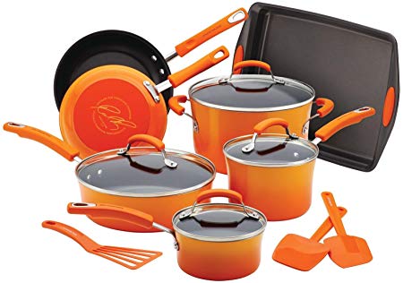 Rachael Ray Porcelain Nonstick 14-Piece Cookware Set with Bakeware and Tools, Orange Gradient