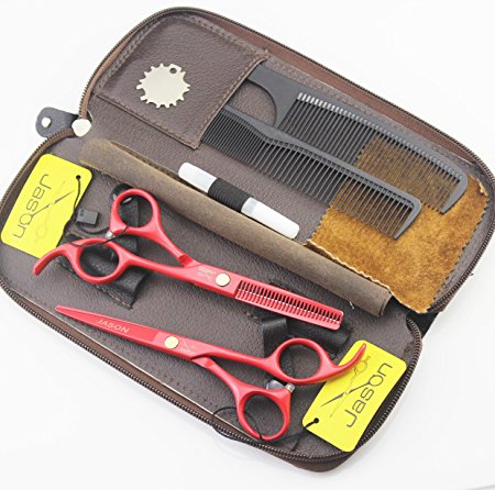 Jason 5.5 Inch Red Color Japan Stainless Steel Hair Cutting and Thinning Texturizing Shears Scissors with Comb Professional Barber Haircut Shears Kit