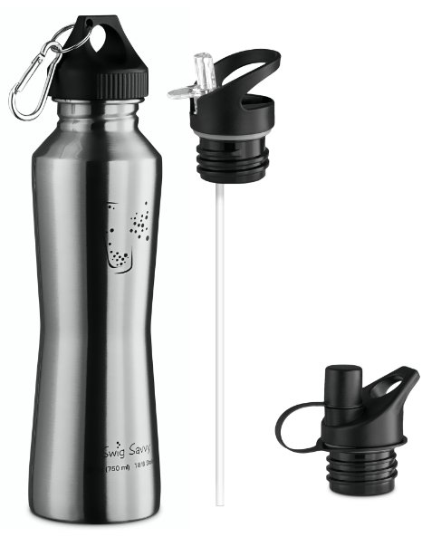 Swig Savvy Stainless Steel Water Bottle 25oz Includes 3 Leak Resistant Caps silver