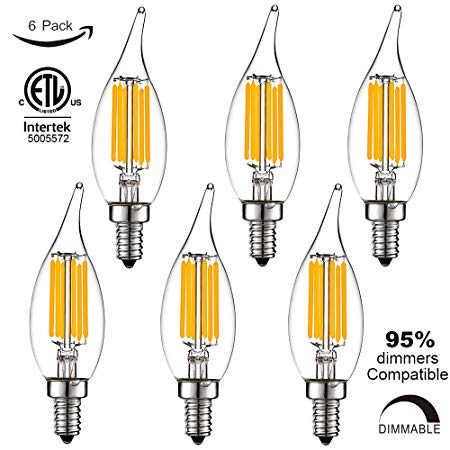 LiteHistory Dimmable Edison 6W CA10 led bulb E12 60W Candelabra led 2700K 600lm flame tip 6Pack