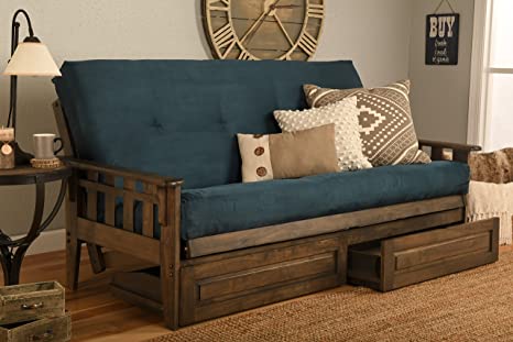 Jerry Sales Tucson Rustic Walnut Frame and Mattress Set with Choice to add Drawers, 8 Inch Innerspring Futon Sofa Bed Full Size Wood (Blue Matt, Frame and Drawers)