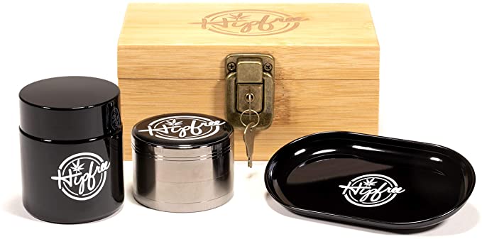 4-in-1 Hipfree Stash Box Combo - Matching Magnetic Grinder, Stash Jar and Rolling Tray Included - Sacred Geometry Stash Box with Lock - Engraved Hipfree Design