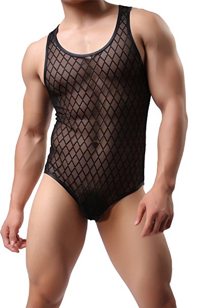 Sexy Men's Jumpsuit Black Bodysuit Transparent Briefs Underwear