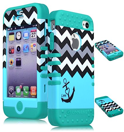 Bastex Heavy Duty Hybrid Case for iPhone 4, 4s, 4th Generation - Teal Silicone / Black & White Chevron Pattern Hard Shell with Anchor & Heart Design