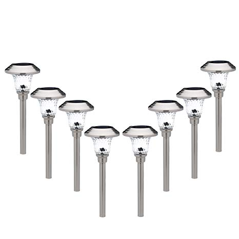 Morvat Premium Outdoor Solar LED Path and Garden Landscape Lights | Stainless Steel Body with Glass Lens | Waterproof | Light up Your Path and Yard and Enhance Visibility | White Light | Pack of 8