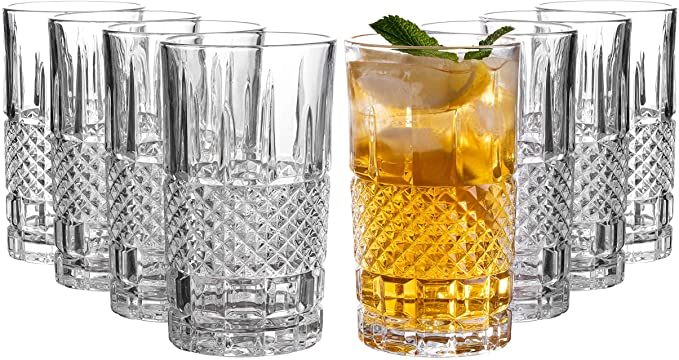 Castlecombe Tall Highball Glasses Set of 8, 12 Ounce Cups, Textured Designer Glassware for Drinking Water, Beer, or Soda, Trendy and Elegant Dishware, Dishwasher Safe