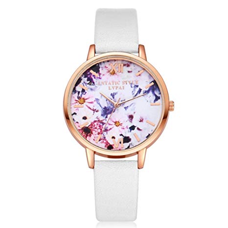 Girls Bracelet Watch，Fashionable Classic PU Leather Women Analog Watch with Floral Design Round Dial Wrist Watch(White)