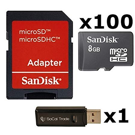 100 PACK - SanDisk 8GB MicroSD HC Memory Card SDSDQAB-008G (Bulk Packaging) LOT OF 100 with SD Adapter and USB 2.0 MicoSD & SD Memory Card Reader