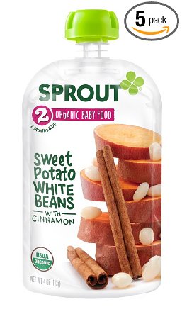 Sprout Organic Foods Stage 2 Pouches, Sweet Potato White Beans with Cinnamon  4 Ounce (Pack of 5)