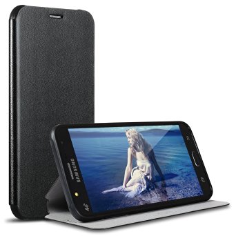 Galaxy J7 Case,X-Level [Fibcolor Series] PU Leather Flip Phone Case for Samsung Galaxy J7(2015) Black