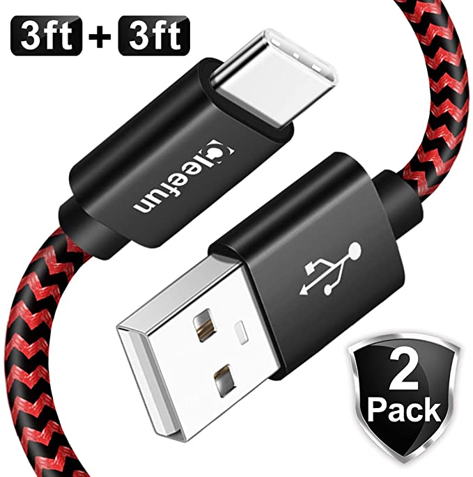 USB C Cable [2-Pack, 3ft], CLEEFUN Type C Cable Fast Charging Charger Nylon Braided Cord for Samsung Galaxy S10 S9 S8 Plus S10e, Note 10/10Plus/9/8, Moto G7 G6, LG G8 G7 G6 V40 V35 V30, Pixel 3a 2 XL