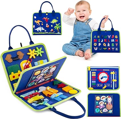 Busy Board for Toddlers, Montessori Sensory Toys Activity Board for Kids, Preschool Educational Learning Gifts for 3 4 5 6 7 8 Year Old Girls & Boys, Autism Toys, Car Airplane Travel Toy (Blue)
