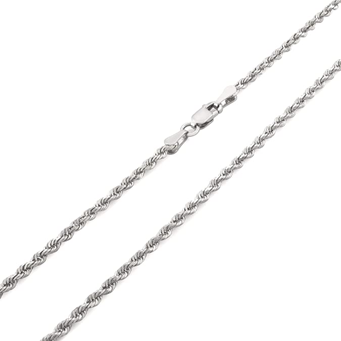 Unisex 14k White Gold Solid 2.5mm Diamond Cut Rope Chain Pendant Necklace, 16"- 30"