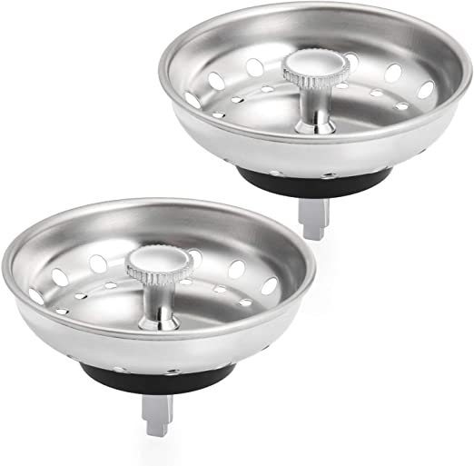 Kuyang 2 Pack Kitchen Sink Strainer, Replacement for Standard Kitchen Sink Drain Strainer (3.25 Inch), Chrome Plated Stainless Steel Basket Body with Rubber Stopper