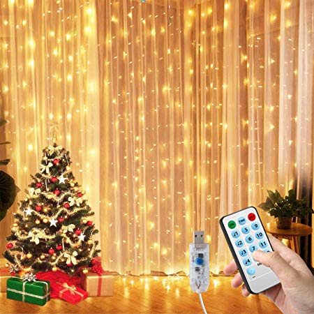 Ousome Window Curtain String Lights with 300 LED, 4 Music Control Modes & 8 Lighting Modes, Voice Activated, USB Powered for Party, Wedding, Garden, Bedroom, Christmas Festival Decoration (9.8x9.8 Ft)