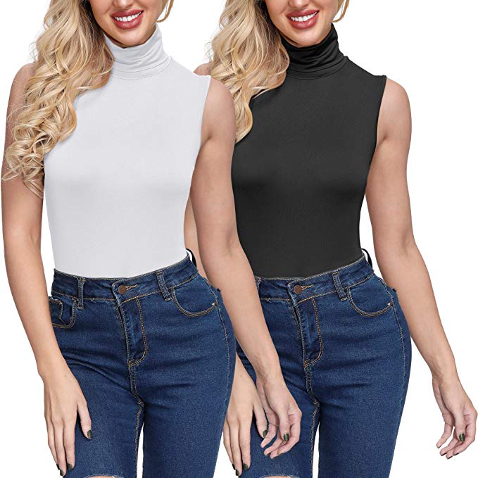 2 Pack Women Turtleneck Tops Sleeveless Mock High Neck Stretchy Layer T Shirts