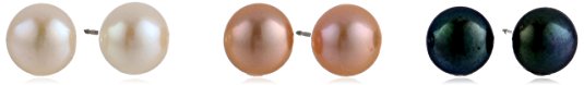 Sterling Silver 8-9mm Button Pink, White and Enhanced Black Freshwater Cultured Pearl Stud Earrings Set