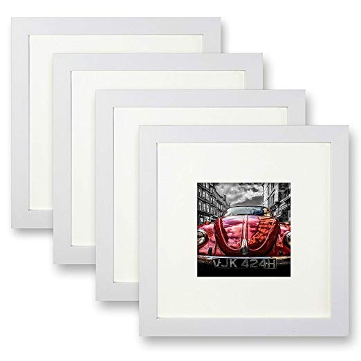 Ohbingo 8 x 8 Picture Frame White Photo Tabletop Frames with Stand Set of 4 for Pictures 4x4 with Mat or 8x8 Without Mat for Table or Wall Decoration
