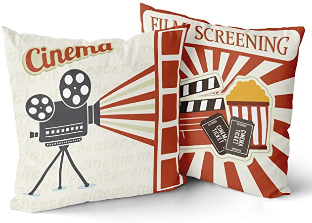 Granbey 2PCS Vintage Cinema Pillow Cover The Film Admit Tickets Decorative Throw Pillow Case Movie Theater Style Pillowcase Filmstrip Clapboard Projector Printed Pillow Cushion Case Home Decor 18x18
