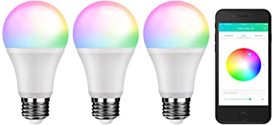 Bluetooth Mesh Smart Light Bulb, RGBW and White Light, No Hub Required, Voice/Music Sync, Dimmable, Color Changing, 9W 800lm A19 E26 LED Bulbs, Programmable APP Alternative to DMX512 System, 3 Pack