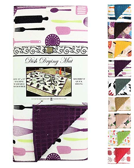 Durable Designs Microfiber Dish Drying Mat, 16" x 24" Absorbent Quick Drying, Fine Cushioned Fabric (Dishes ~ Purple)