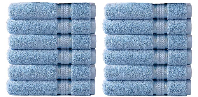 COTTON CRAFT - 12 Pack - Ultra Soft Extra Large Wash Cloths 12x12 Light Blue - 100% Pure Ringspun Cotton - Luxurious Rayon Trim - Ideal for Daily Use - Each Towel Weighs 2 Ounces