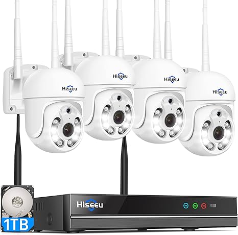 Hiseeu Wireless Security Camera System 2K WiFi Security Cameras Outdoor PTZ Cameras System,Motion Alert, IP66 Waterproof, Expandable 10CH NVR, 24/7 Record with 1TB Hard Drive