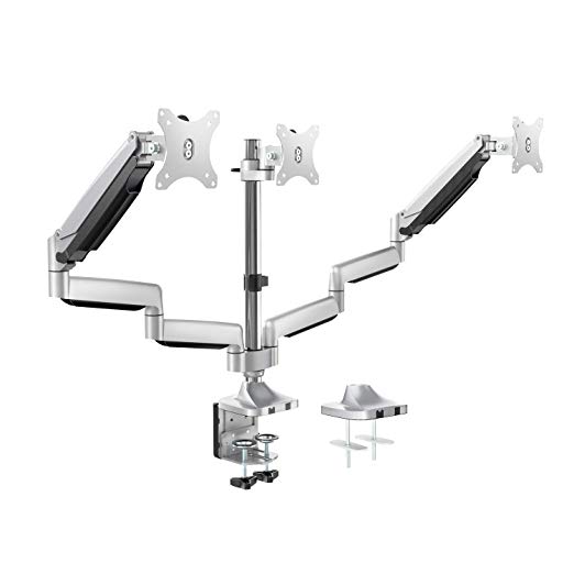 Triple Monitor Stand - Adjustable 3 Arm Gas Spring Computer Desk Mount, Aluminum Full Motion Articulating VESA Bracket with Clamp, Grommet Mounting Base for 13-32 Inch Flat/Curved Screens