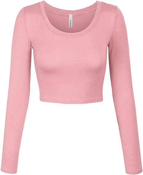 KOGMO Womens Long Sleeve Basic Crop Top Round Neck with Stretch