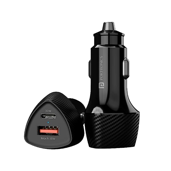 Portronics 51W Car Power 16 Car Charger with Dual Output(18W USB A Port   33W PD Type C Port), Fast Charging Compatible with iphones 10/11/12/13/14, ipads 9th/10th generation, Galaxy Tabs & More(Black)