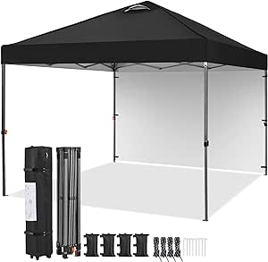 Yaheetech 10x10 Pop up Canopy Tent w/1 Sidewall, Instant Commercial 150D Silver Coated Fabric Outdoor Instant Tent w/Wheeled Bag, 4 Sandbags, 8 Stakes & 4 Ropes for Parties, Camping, Beach, Black