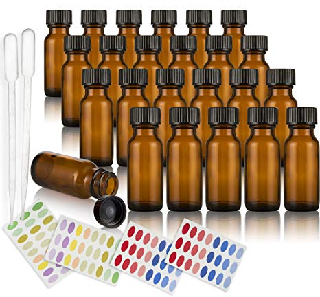 Amber Glass Bottles with Eye Droppers & Labels - for Essential Oils, Aromatherapy, Lab Chemicals, Colognes & Perfumes - Includes 96 Color Coded Labels, 24 Glass Bottles (15 ml), 2 Eye Droppers