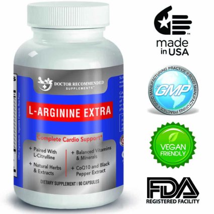 High Quality L-Arginine 1000 MG Formula by Doctor Recommended Supplements - Supports Cardio Health Nitric Oxide Production  Stamina and More - 1 Month Supply