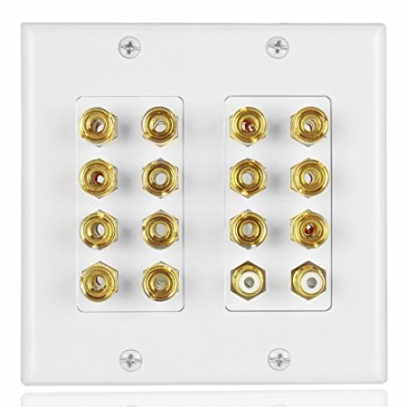 TNP Home Theater Speaker Wall Plate Outlet - 7.2 7.1 Surround Sound Audio Distribution Panel, Gold Plated Copper Banana Plug Binding Post Coupler, 2 RCA LFE Input Jack for Subwoofer (2-Gang)