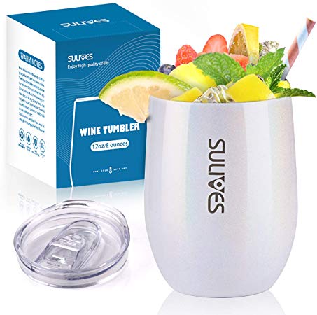 SULIVES Stainless Steel Wine Tumbler, 12 oz Double Wall Vacuum Insulated Stemless Tumbler with BPA Free Lid, Unbreakable Travel Cup for Wine, Champagne, Cocktails, Coffee - Glitter White