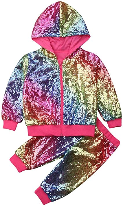 Baby Boy Girls Sequin Outfits Long Sleeve Hooded Zip Sweatshirt Top Pants Set, Toddler Girl Fall Clothes 1-6Y