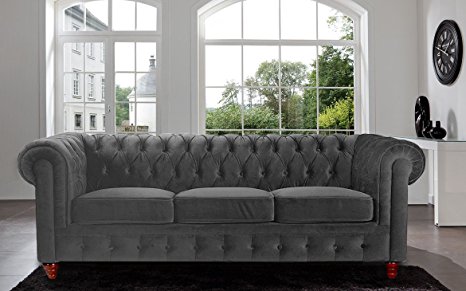 Divano Roma Furniture Velvet Scroll Arm Tufted Button Chesterfield Style Sofa, Grey