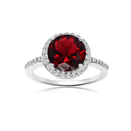 Sterling Silver Simulated Garnet and Cubic Zirconia Round Halo Ring