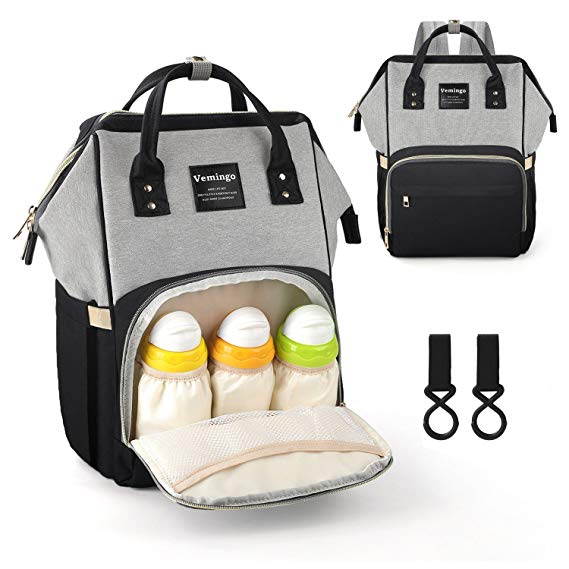 Vemingo Baby Nappy Changing Backpack with Pram Hooks | Diaper Bag Rucksack Nappy Organiser Maternity Bag for Girls Boys Women Men Grey-Black