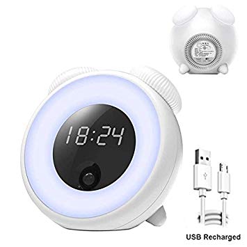 USB Charge Alarm Clock - Digital Cute Clock Body Recognition Kids Room Bedrooms - Multiple Nature Sounds Sunset Simulation & Touch Control (Alarm Clock)