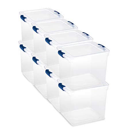 Homz Plastic Storage Tote Box, with Lid, Latching Handles, 31 Quart, Clear, Stackable, 8-Pack