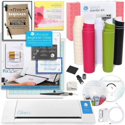 Silhouette CAMEO 2 Touch Screen Starter Bundle with Vinyl Kit, Starter Guide, Cutting Blade, Pixscan Mat, Online Class, Pens, Tools and More