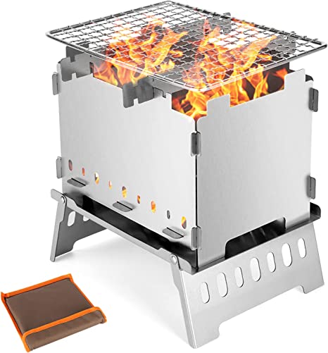 Odoland Portable Folding Campfire Grill Fire Pit Camping Grill, Stainless Steel Charcoal BBQ Grill, Lightweight Wood Stove Burner for Outdoor Cooking Hiking Backpacking Picnic BBQ Travel