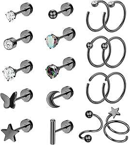 LOLIAS 18Pcs Titanium Earrings for Women G23 Titanium Flat Back Earrings for Sensitive Ears Star Moon Butterfly Hypoallergenic 20G Flat Back Earrings Helix Piercing Jewelry Black