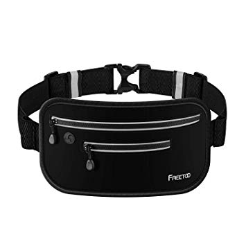 FREETOO Running Belt, Running Waist Pack,Bounce Free,Pretty-Portable,Ultra-Thin and Next-to-Skin,Layered Pockets,Water-Proof,Sweat-Proof,Suitable for Cellphone Below 6 Inches