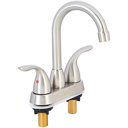 AmazonBasics Modern Two Handle Bathroom Goose Spout Basin Faucet, 4 Inch, Satin Nickel