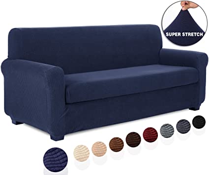 TIANSHU 2 Piece Sofa Slipcover, Stretch 3 Cushion Couch Cover for Sofa, Stylish Jacquard Furniture Covers (Sofa, Navy Blue)