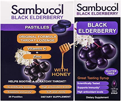 Sambucol Black Elderberry Syrup Original Formula, 7.8 Ounce Bottle & pastilles 20 Count Bundle, 2 Count