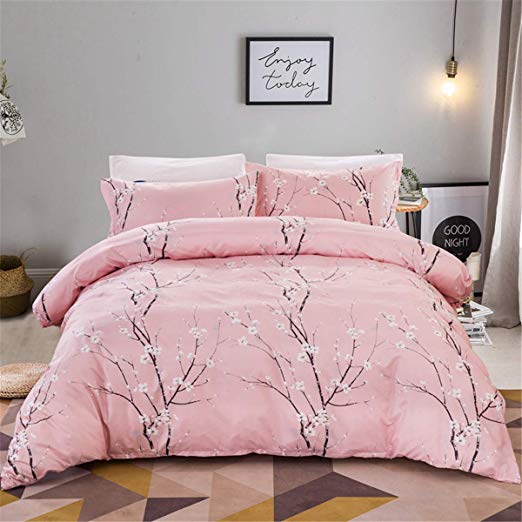 Guidear 3 Pieces Double Floral Bedding Set with Zipper Closure Pink Classic Elegant Plum Pattern Duvet Cover with 2 Pillowcases Hypoallergenic Soft Microfiber Quilt Cover 200x200cm